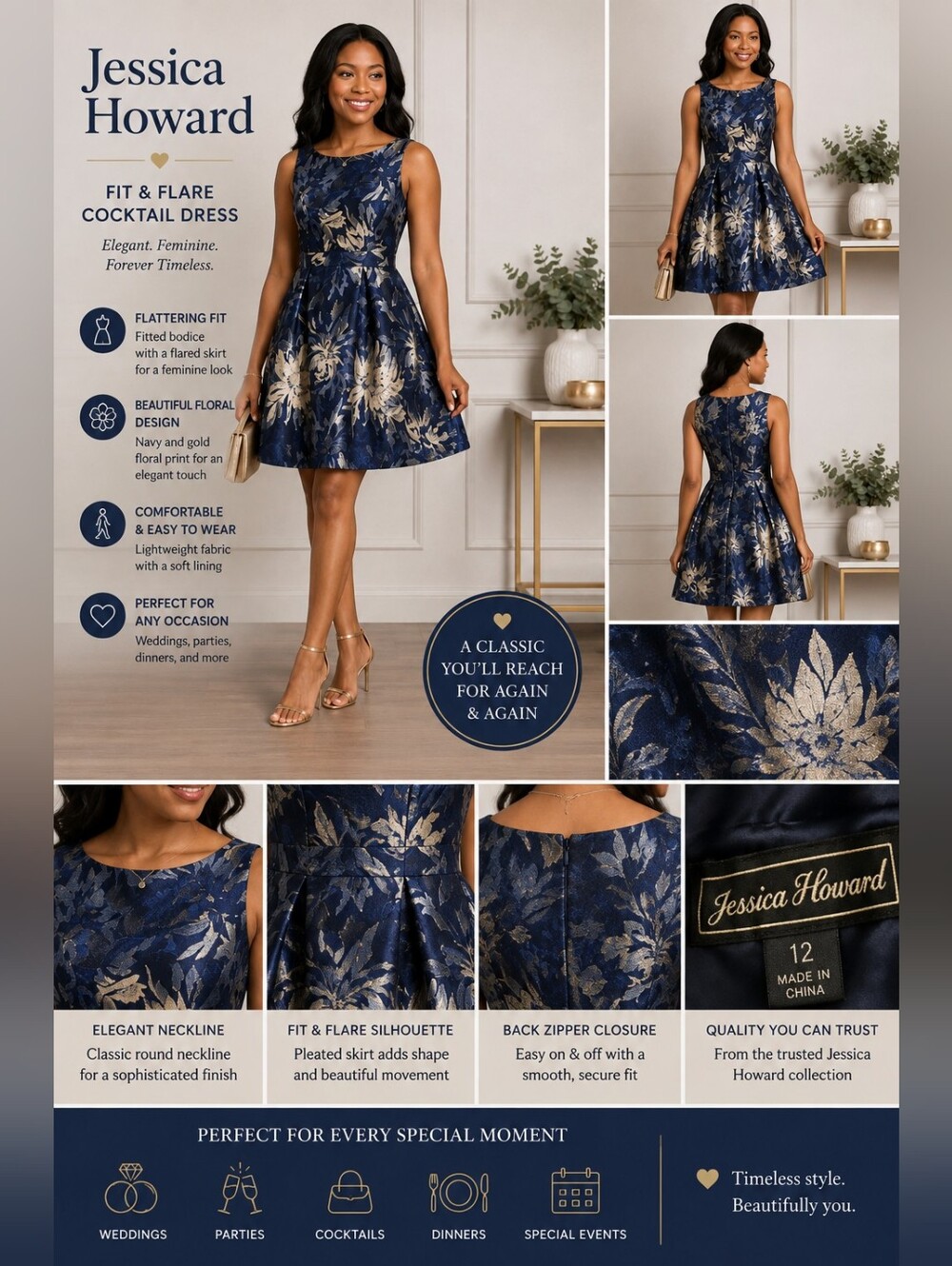 Jessica Howard Blue Floral Fit & Flare Cocktail Dress Sleeveless Size 12 EUC